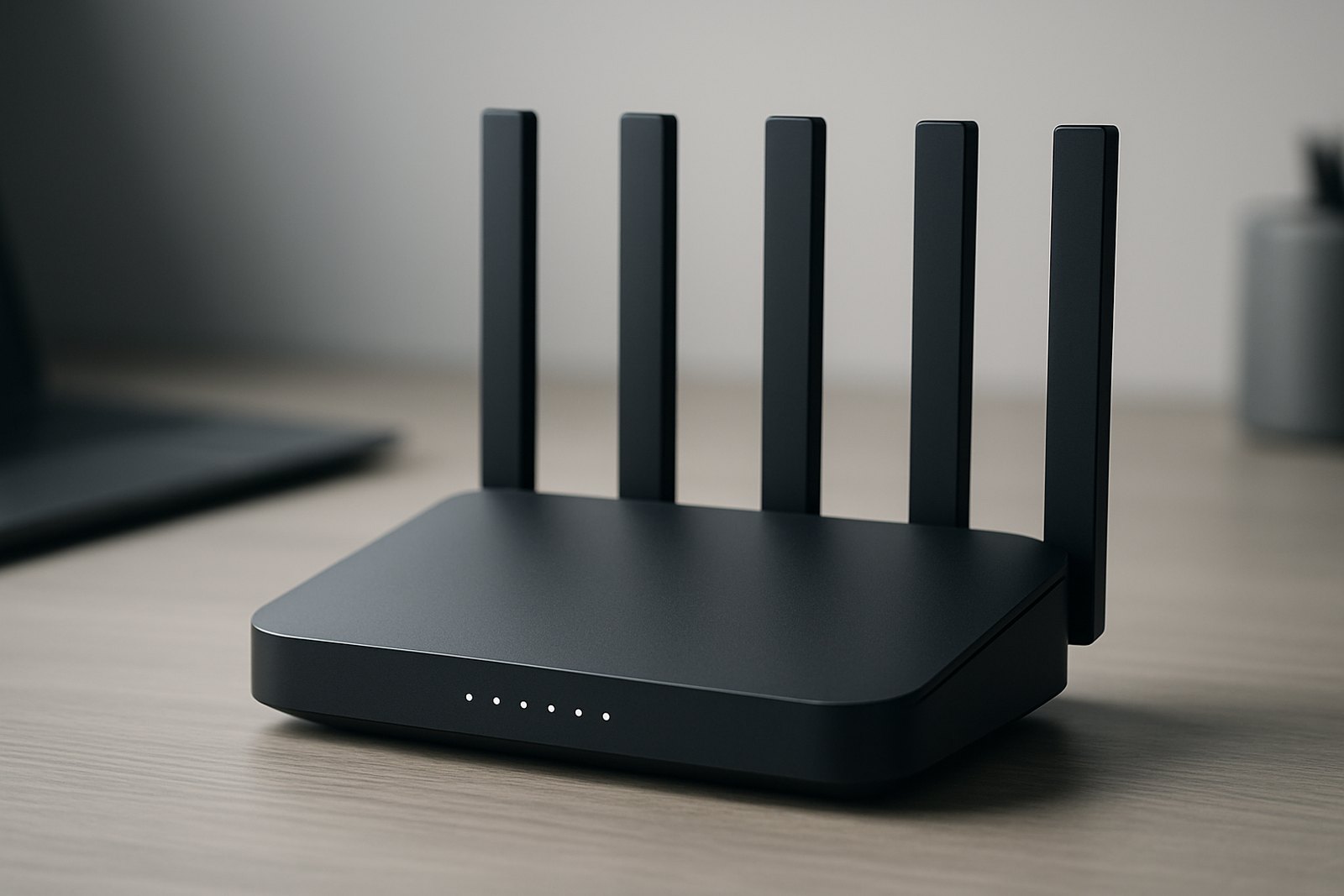 Modern Wi-Fi router and mesh node on a shelf, representing a home wireless network