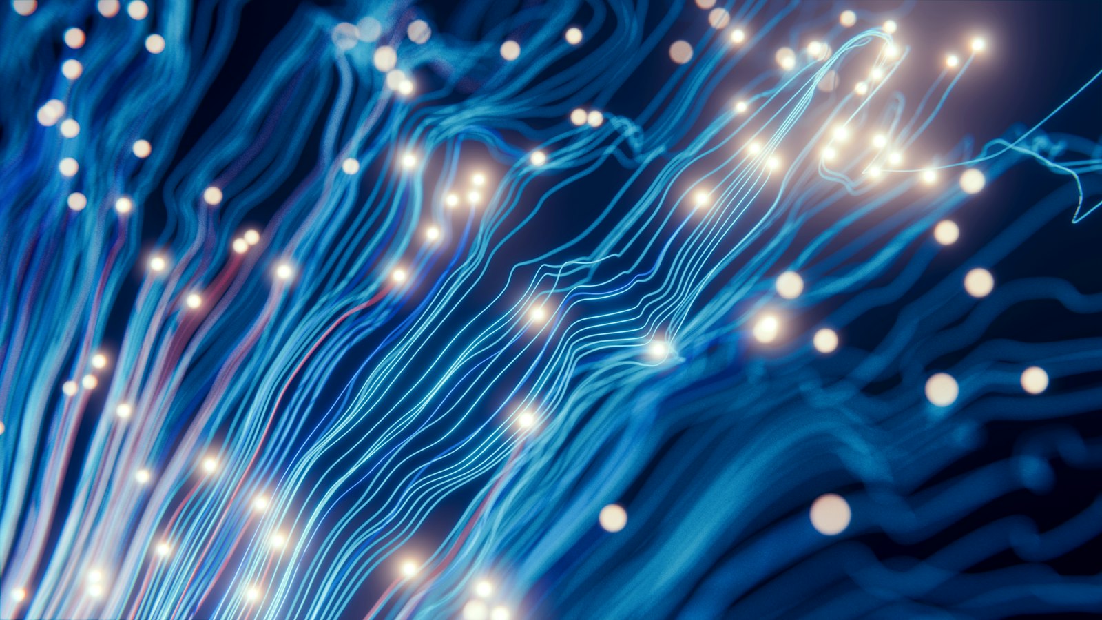 Абстрактная визуализация потоков данных ИИ-обработки на тёмно-синем фоне