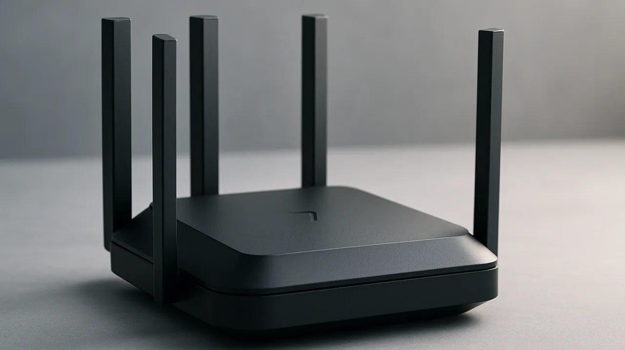 Wi-Fi 7 router with status lights on a shelf next to networked devices