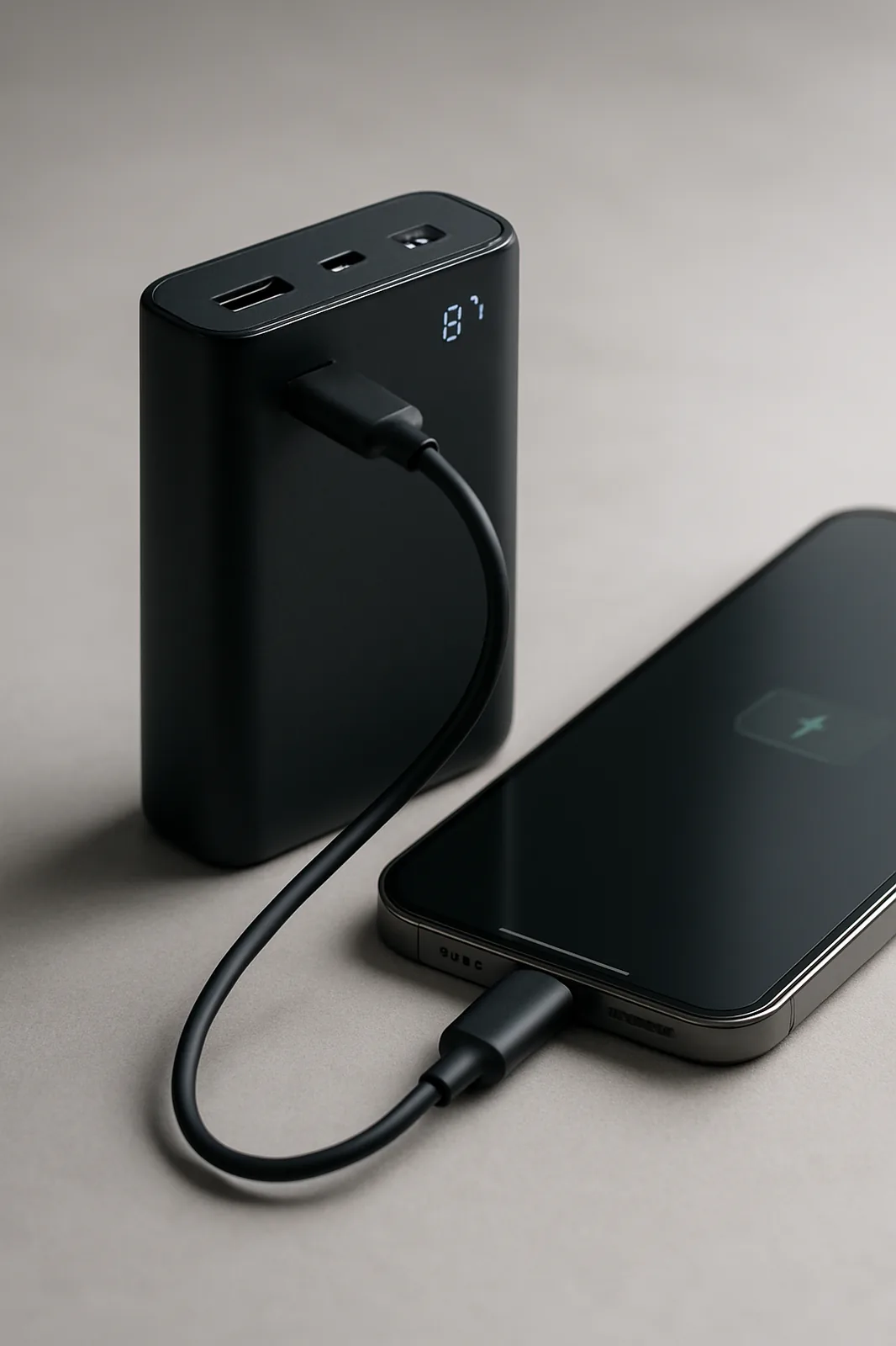 A portable power bank charging a smartphone over a USB-C cable on a desk