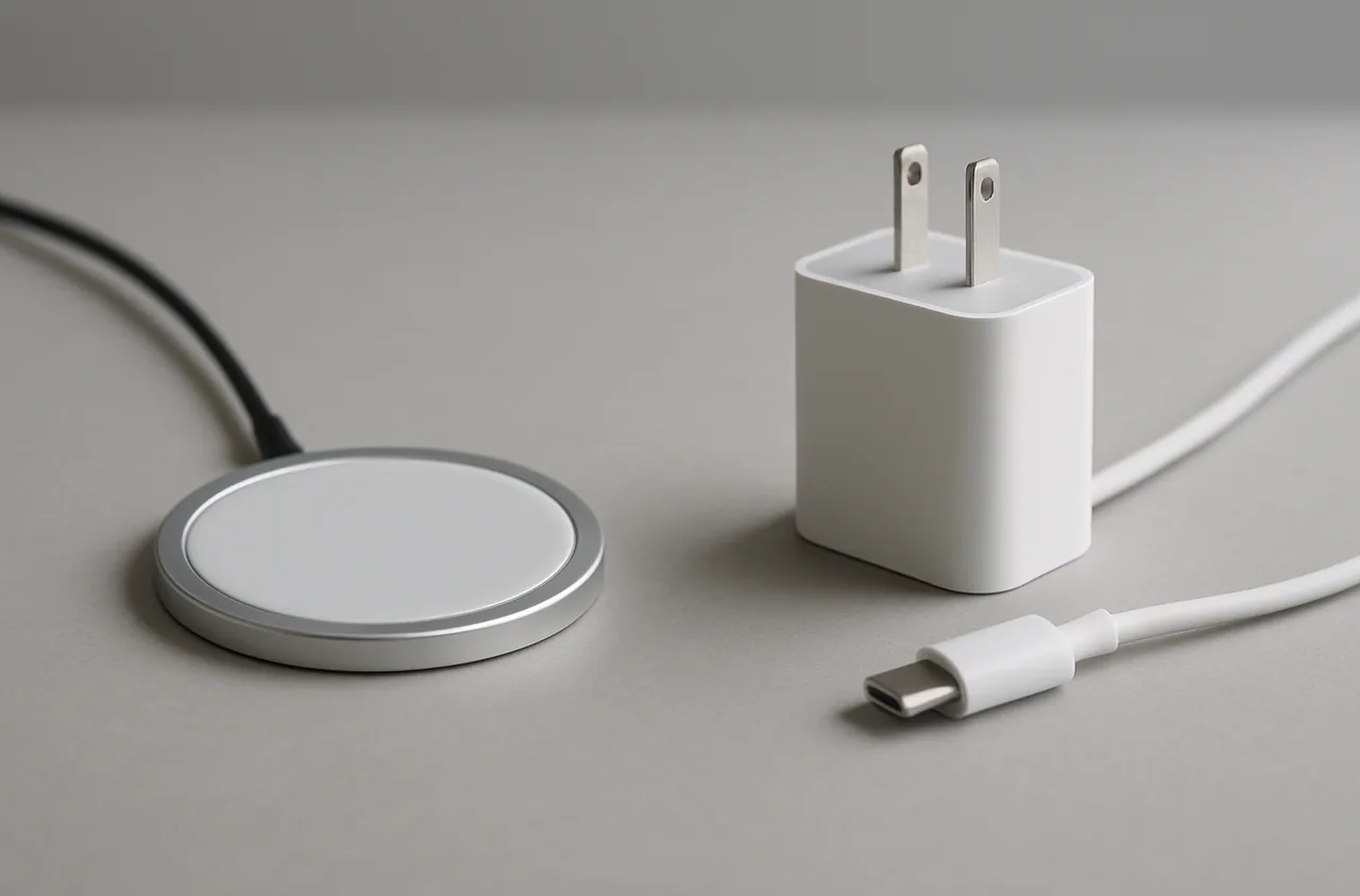 USB-C wall charger with a US plug next to a magnetic wireless charging pad
