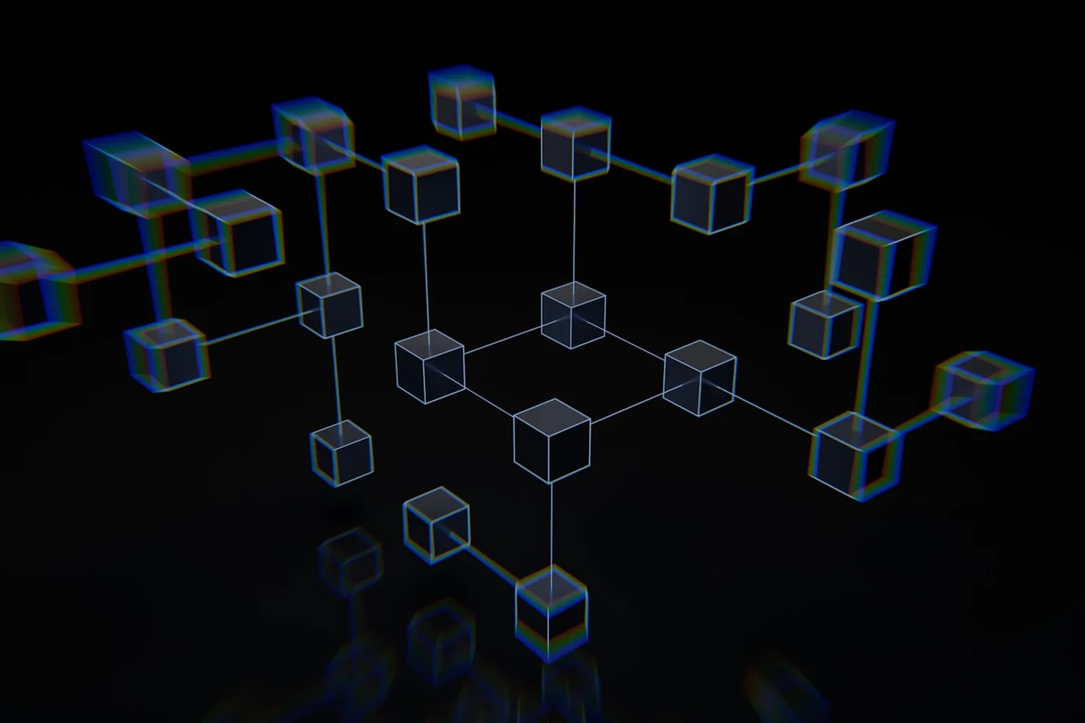 Концепция ячеистой mesh-сети: узлы датчиков на тёмной поверхности соединены тонкими светящимися синими линиями